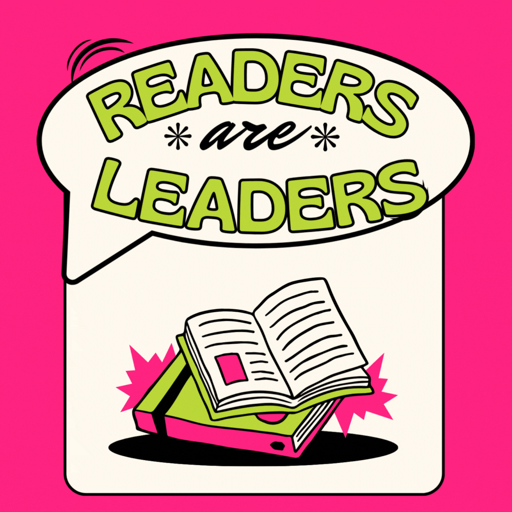 Readers are leaders; book with confetti behind it.
